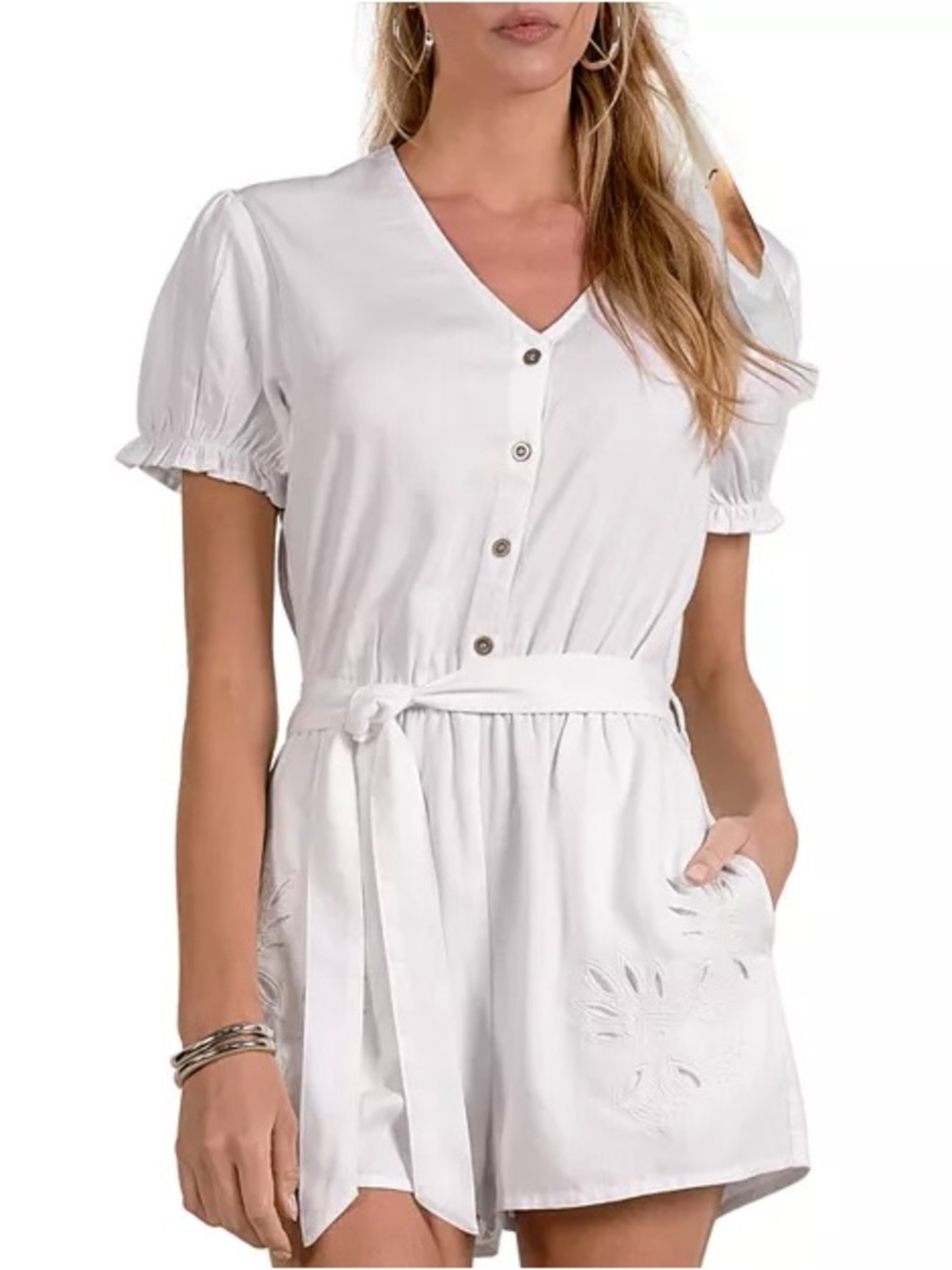White Short-Sleeve V-Neck Romper with Tie Waist